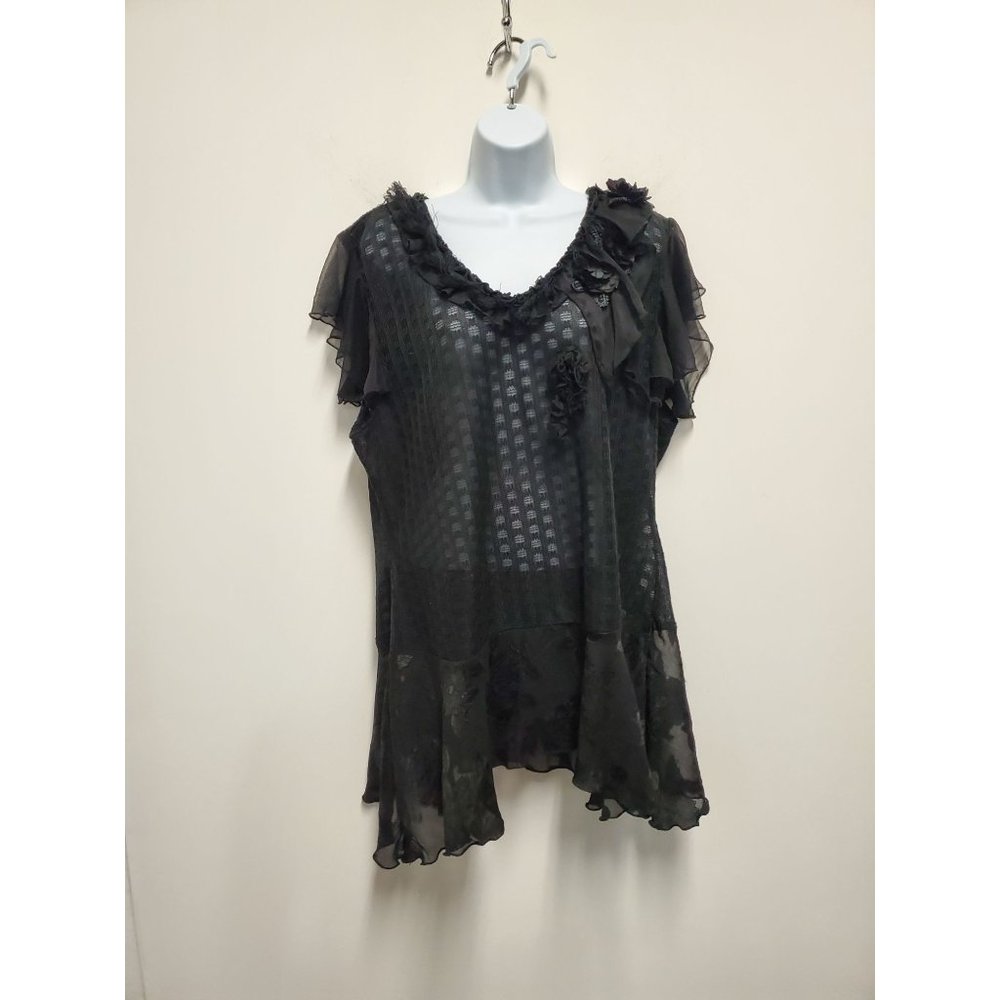VANDANA Sleeveless Blouse XXL Green Black Fishnet Beaded Elastic Sheer Shirt Top